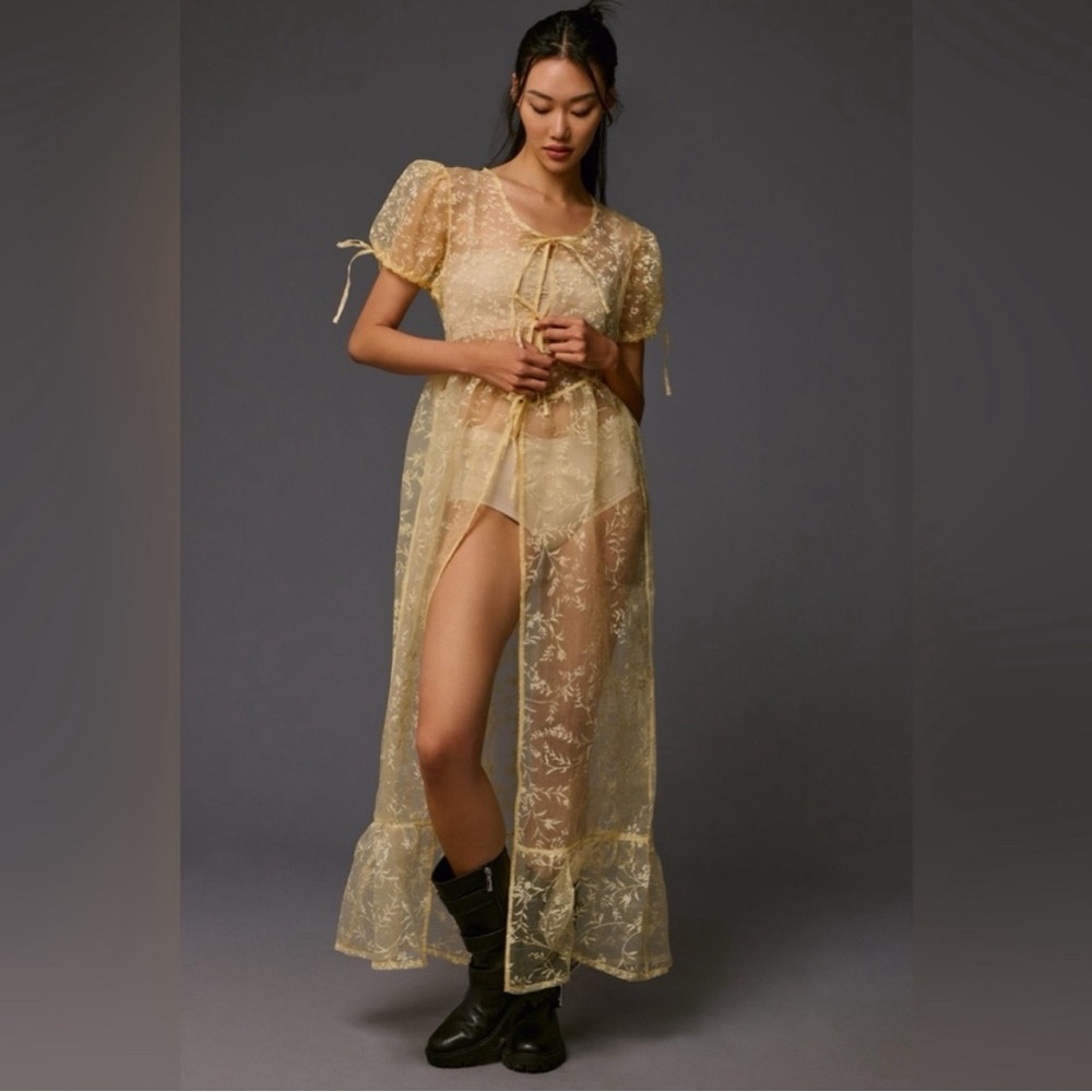 ANTHROPOLOGIE Floral Sheer Short Sleeve Organza Maxi Duster Dress